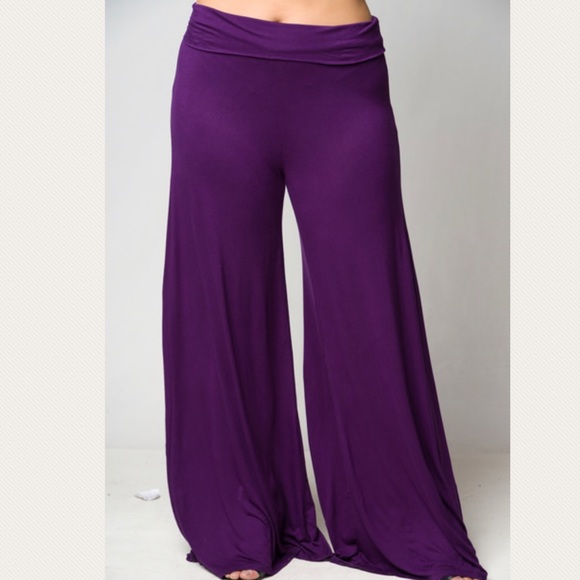 XL PURPLE PLUM HIGH WAIST PLUS SIZE PALAZZO PANTS - Picture 2 of 4